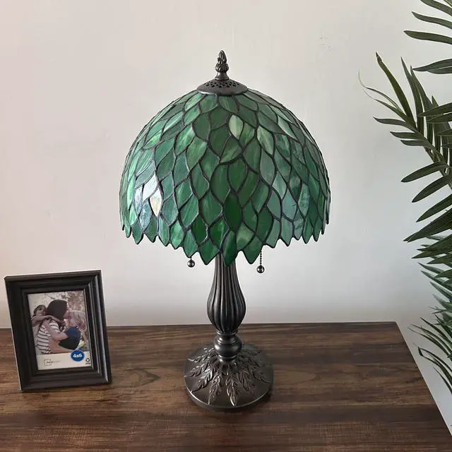 Alt view image 5 of 6 - ENJOY DECOR LAMPS Tiffany Style Table Lamp Green Stained Glass Green Leaves Included LED Bulbs Pull Chain Switches for Living Room Bedroom Bedside 12"W*12"D*22"H