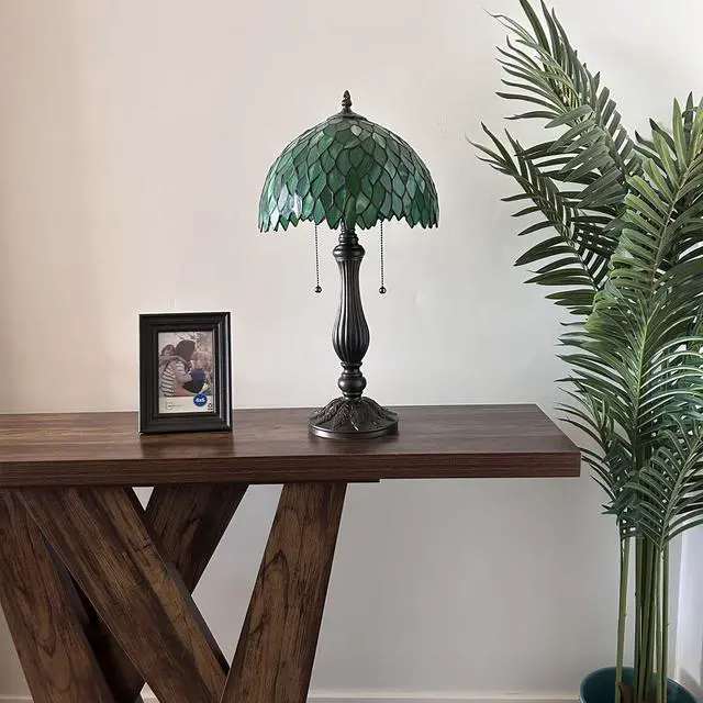 Alt view image 3 of 6 - ENJOY DECOR LAMPS Tiffany Style Table Lamp Green Stained Glass Green Leaves Included LED Bulbs Pull Chain Switches for Living Room Bedroom Bedside 12"W*12"D*22"H