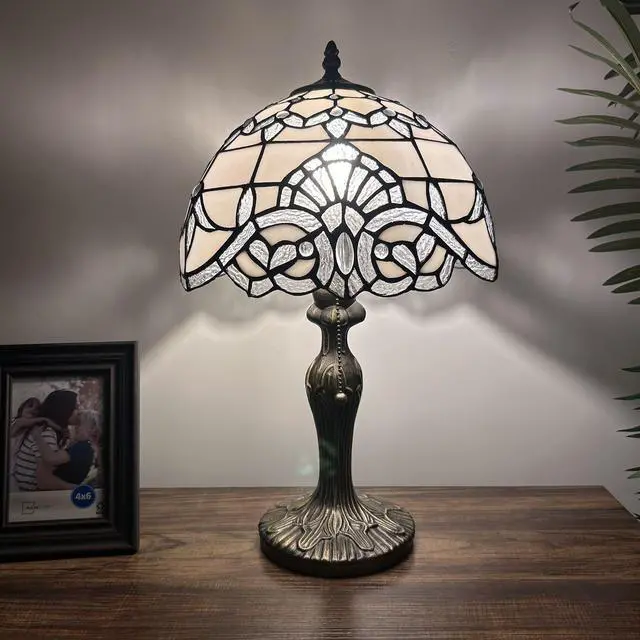 Main image of ENJOY DECOR LAMPS Tiffany Style Table Lamp White Stained Glass Baroque Style Lavender LED Bulb Included Bedroom Living Room 12"W*12"D*19"H