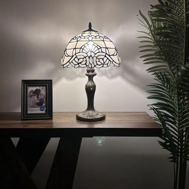 Alt view image 2 of 6 - ENJOY DECOR LAMPS Tiffany Style Table Lamp White Stained Glass Baroque Style Lavender LED Bulb Included Bedroom Living Room 12"W*12"D*19"H