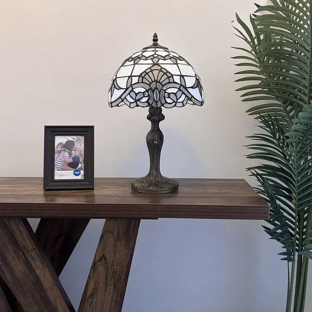 Alt view image 3 of 6 - ENJOY DECOR LAMPS Tiffany Style Table Lamp White Stained Glass Baroque Style Lavender LED Bulb Included Bedroom Living Room 12"W*12"D*19"H