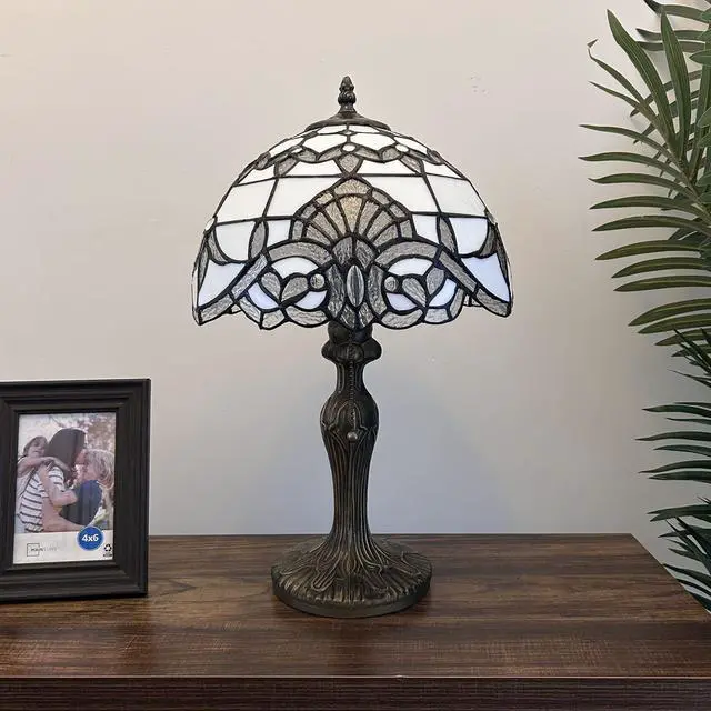 Alt view image 4 of 6 - ENJOY DECOR LAMPS Tiffany Style Table Lamp White Stained Glass Baroque Style Lavender LED Bulb Included Bedroom Living Room 12"W*12"D*19"H