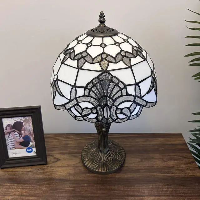 Alt view image 5 of 6 - ENJOY DECOR LAMPS Tiffany Style Table Lamp White Stained Glass Baroque Style Lavender LED Bulb Included Bedroom Living Room 12"W*12"D*19"H