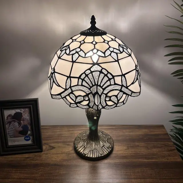 Alt view image 6 of 6 - ENJOY DECOR LAMPS Tiffany Style Table Lamp White Stained Glass Baroque Style Lavender LED Bulb Included Bedroom Living Room 12"W*12"D*19"H