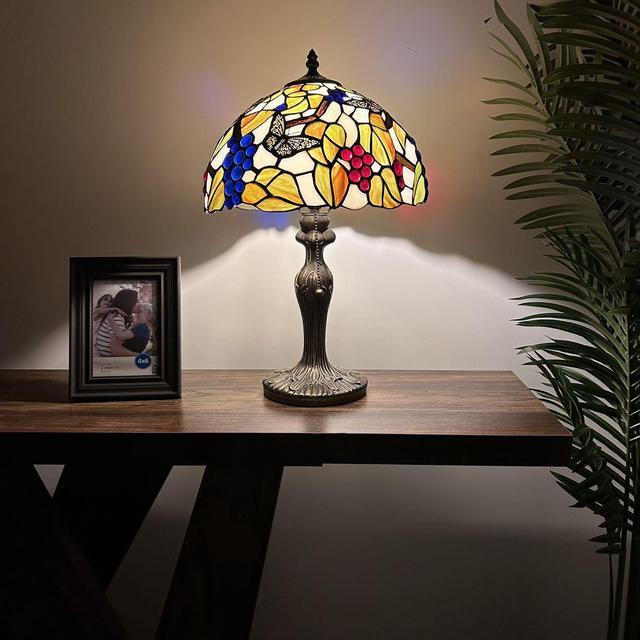 Alt view image 2 of 7 - ENJOY DECOR LAMPS Tiffany Style Table Lamp Stained Glass Butterfly Grapes Green Leaves For Living Room Bedroom Bedside 12"W*12"D*19"H