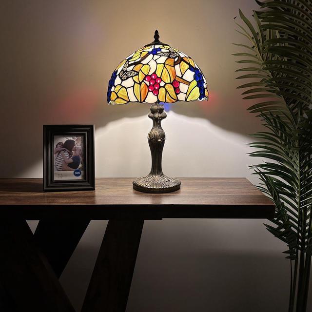 Alt view image 3 of 7 - ENJOY DECOR LAMPS Tiffany Style Table Lamp Stained Glass Butterfly Grapes Green Leaves For Living Room Bedroom Bedside 12"W*12"D*19"H