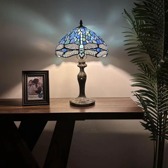 Alt view image 2 of 7 - ENJOY DECOR LAMPS Tiffany Style Table Lamp Blue Stained Glass Dragonfly LED Bulb Included For Living Room Bedroom Bedside 12"W*12"D*19"H