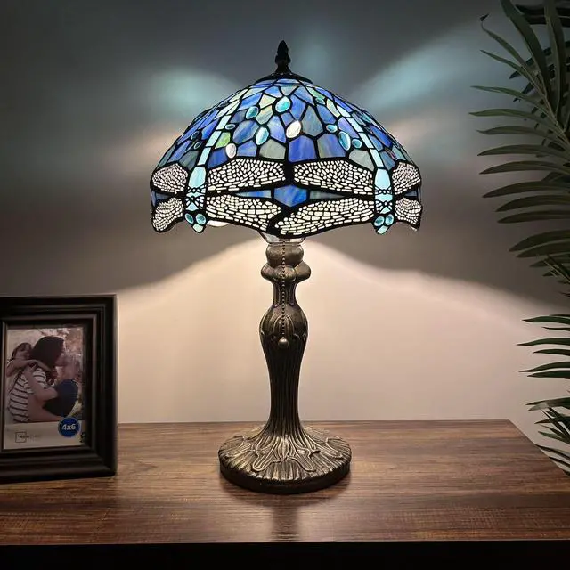 Alt view image 4 of 7 - ENJOY DECOR LAMPS Tiffany Style Table Lamp Blue Stained Glass Dragonfly LED Bulb Included For Living Room Bedroom Bedside 12"W*12"D*19"H