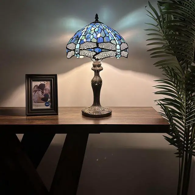 Alt view image 3 of 7 - ENJOY DECOR LAMPS Tiffany Style Table Lamp Blue Stained Glass Dragonfly LED Bulb Included For Living Room Bedroom Bedside 12"W*12"D*19"H