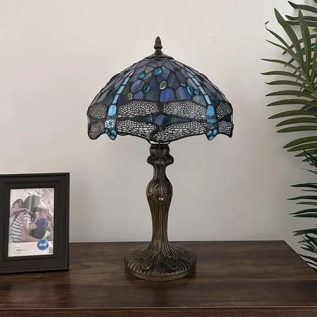 Alt view image 5 of 7 - ENJOY DECOR LAMPS Tiffany Style Table Lamp Blue Stained Glass Dragonfly LED Bulb Included For Living Room Bedroom Bedside 12"W*12"D*19"H