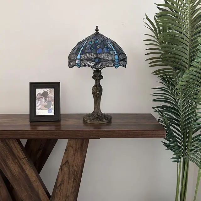 Alt view image 6 of 7 - ENJOY DECOR LAMPS Tiffany Style Table Lamp Blue Stained Glass Dragonfly LED Bulb Included For Living Room Bedroom Bedside 12"W*12"D*19"H
