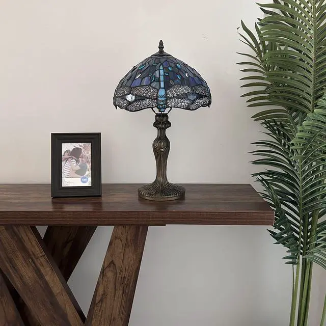 Alt view image 7 of 7 - ENJOY DECOR LAMPS Tiffany Style Table Lamp Blue Stained Glass Dragonfly LED Bulb Included For Living Room Bedroom Bedside 12"W*12"D*19"H