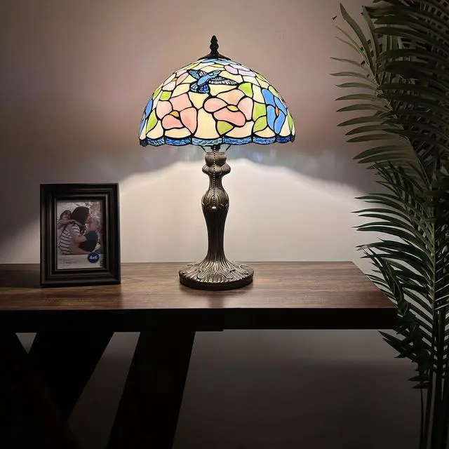 Alt view image 2 of 6 - ENJOY DECOR LAMPS Tiffany Style Table Lamp Hummingbird Flowers Pink Blue Stained Glass for Living Room Bedroom Bedside 12"W*12"D*19"H