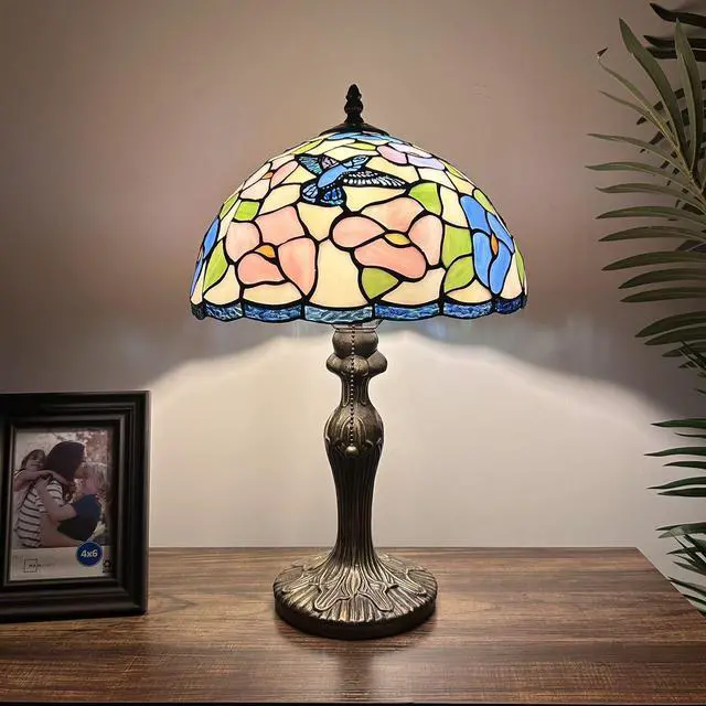 Main image of ENJOY DECOR LAMPS Tiffany Style Table Lamp Hummingbird Flowers Pink Blue Stained Glass for Living Room Bedroom Bedside 12"W*12"D*19"H