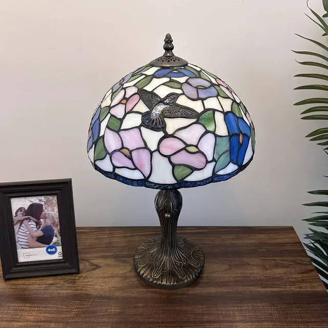 Alt view image 5 of 6 - ENJOY DECOR LAMPS Tiffany Style Table Lamp Hummingbird Flowers Pink Blue Stained Glass for Living Room Bedroom Bedside 12"W*12"D*19"H