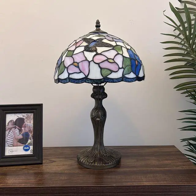 Alt view image 4 of 6 - ENJOY DECOR LAMPS Tiffany Style Table Lamp Hummingbird Flowers Pink Blue Stained Glass for Living Room Bedroom Bedside 12"W*12"D*19"H