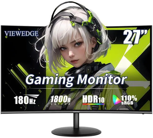 Main image of Viewedge 27 inch Curved Gaming Monitor 180Hz, FHD 1080P VA Screen 1800R Computer Monitor 27 inch, 1ms with FreeSync, Low Motion Blur,DP HDMI Monitor, Built-in Speakers, Support Wall Mount Install