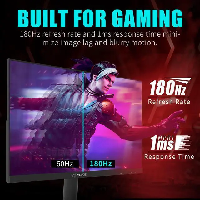 Alt view image 2 of 7 - Viewedge 24 Inch Gaming Monitor with 180Hz, VA 1ms, FHD 1080p and HDR 10 PC Computer Monitor with 100% sRGB, Bluelight Filter, 2 HDMI & 1 DP Port, Support Freesync and Wall Mounted