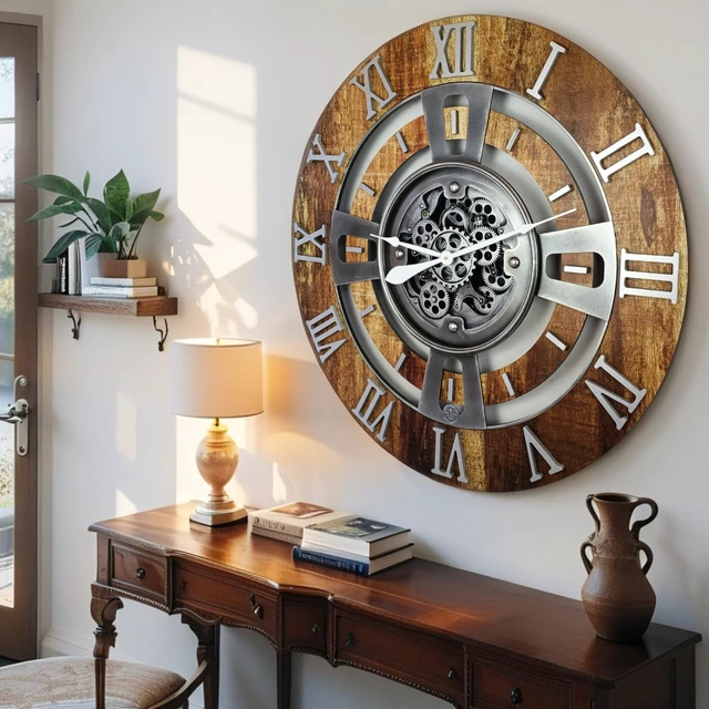Alt view image 2 of 6 - ENGLAND LINE WALL CLOCK ROUND 24 INCH VINTAGE BROWN
