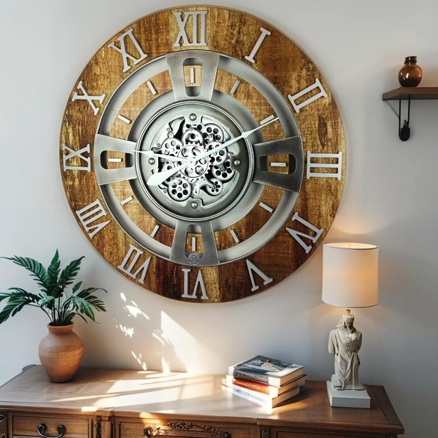Alt view image 3 of 6 - ENGLAND LINE WALL CLOCK ROUND 24 INCH VINTAGE BROWN