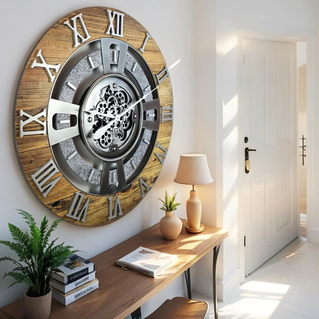Alt view image 3 of 6 - ENGLAND LINE WALL CLOCK ROUND 24 INCH WOOD & STONE