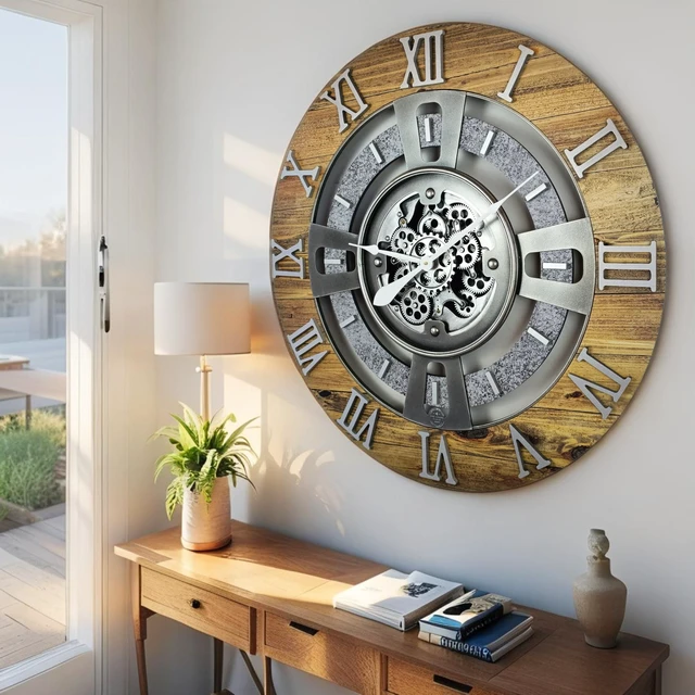 Alt view image 2 of 6 - ENGLAND LINE WALL CLOCK ROUND 24 INCH WOOD & STONE