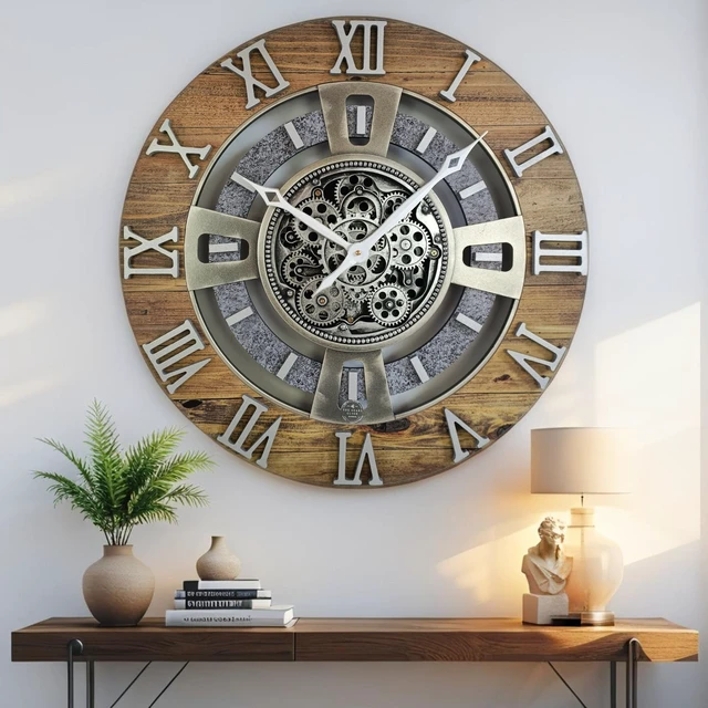 Alt view image 5 of 6 - ENGLAND LINE WALL CLOCK ROUND 24 INCH WOOD & STONE
