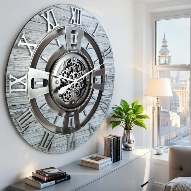 Alt view image 6 of 6 - ENGLAND LINE WALL CLOCK ROUND 36 INCH SILVER GREY