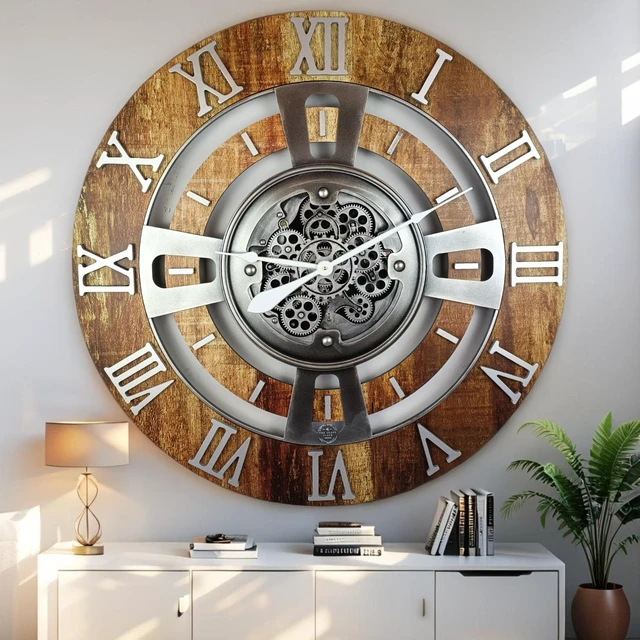 Main image of ENGLAND LINE WALL CLOCK ROUND 36 INCH VINTAGE BROWN