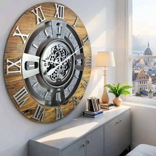 Alt view image 2 of 6 - ENGLAND LINE WALL CLOCK ROUND 36 INCH WOOD & STONE