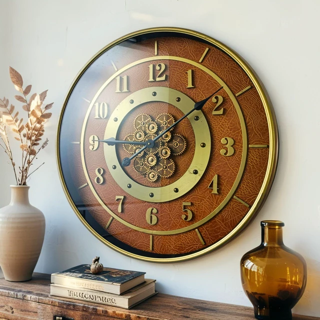 Main image of SWEDEN LINE WALL CLOCK ROUND 24 INCH "MALMO" LEATHER BROWN-GOLD