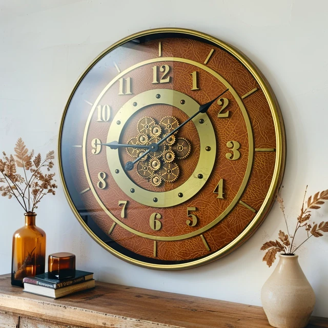 Alt view image 2 of 5 - SWEDEN LINE WALL CLOCK ROUND 24 INCH "MALMO" LEATHER BROWN-GOLD