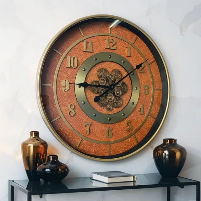 Alt view image 3 of 5 - SWEDEN LINE WALL CLOCK ROUND 24 INCH "MALMO" LEATHER BROWN-GOLD