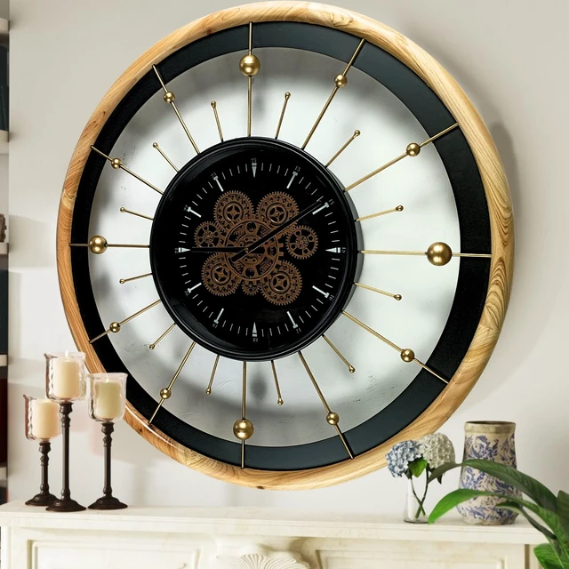 Main image of SPAIN LINE WALL CLOCK ROUND 32 INCH "BARCELONA" BLACK AND WOOD