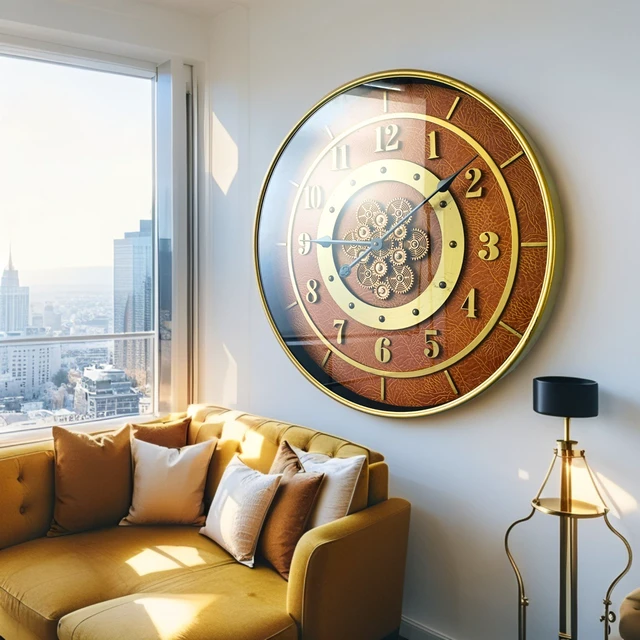 Alt view image 4 of 5 - SWEDEN LINE WALL CLOCK ROUND 24 INCH "MALMO" LEATHER BROWN-GOLD