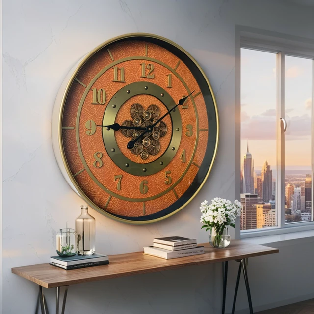 Alt view image 5 of 5 - SWEDEN LINE WALL CLOCK ROUND 24 INCH "MALMO" LEATHER BROWN-GOLD