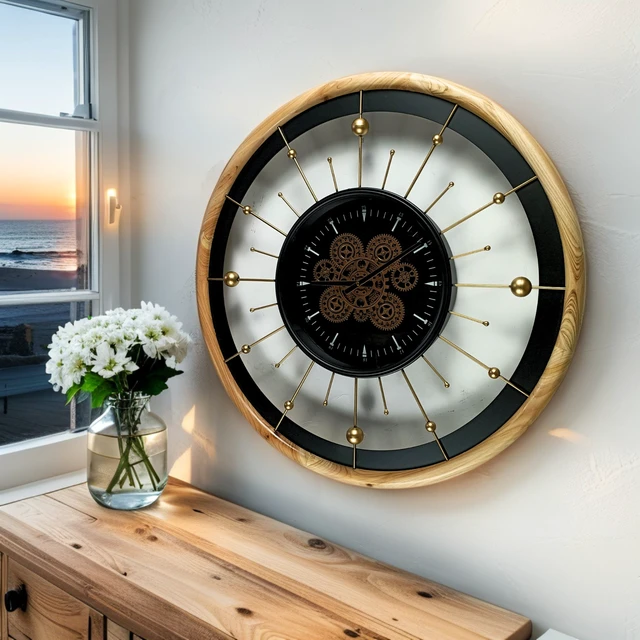Alt view image 2 of 6 - SPAIN LINE WALL CLOCK ROUND 32 INCH "BARCELONA" BLACK AND WOOD