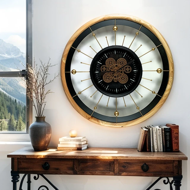 Alt view image 5 of 6 - SPAIN LINE WALL CLOCK ROUND 32 INCH "BARCELONA" BLACK AND WOOD