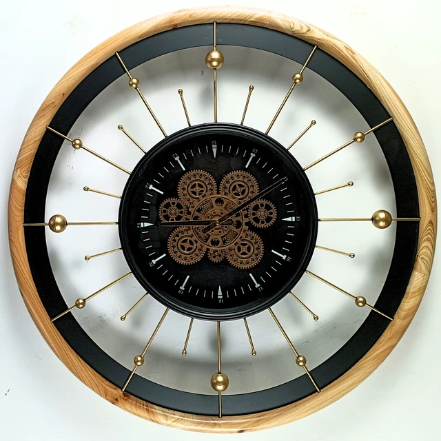 Alt view image 4 of 6 - SPAIN LINE WALL CLOCK ROUND 32 INCH "BARCELONA" BLACK AND WOOD