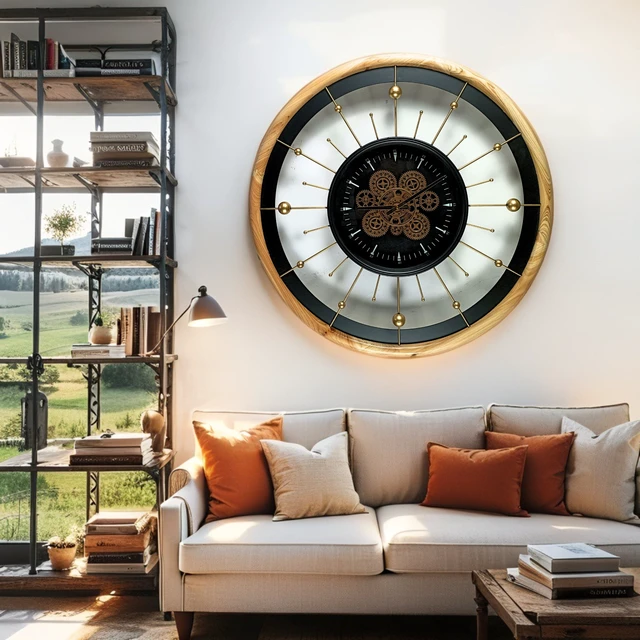 Alt view image 6 of 6 - SPAIN LINE WALL CLOCK ROUND 32 INCH "BARCELONA" BLACK AND WOOD