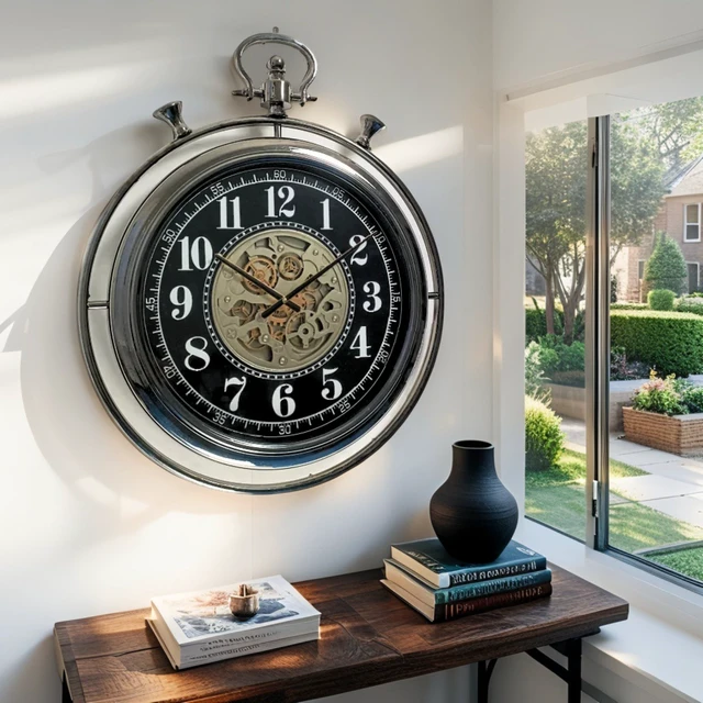Alt view image 2 of 4 - MONACO LINE WALL CLOCK ROUND 24 INCH "MONACO-VILLE" SILVER-BLACK