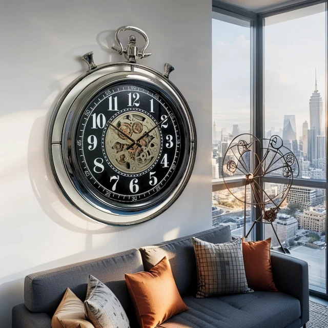 Alt view image 4 of 4 - MONACO LINE WALL CLOCK ROUND 24 INCH "MONACO-VILLE" SILVER-BLACK