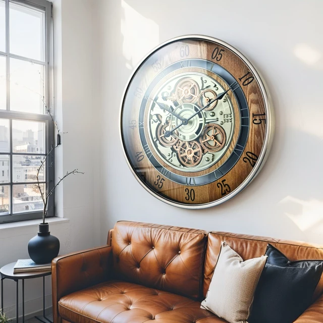 Alt view image 2 of 6 - NORWAY LINE WALL CLOCK ROUND 24 INCH "BERGEN" BROWN-SILVER