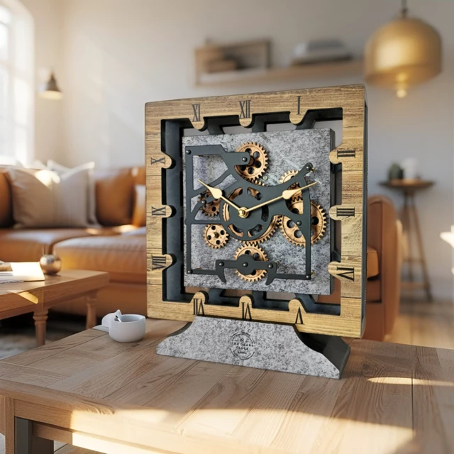 Alt view image 3 of 6 - CANADA LINE DESK CLOCK SQUARE (HYBRID WALL) 10 INCH WOOD & STONE