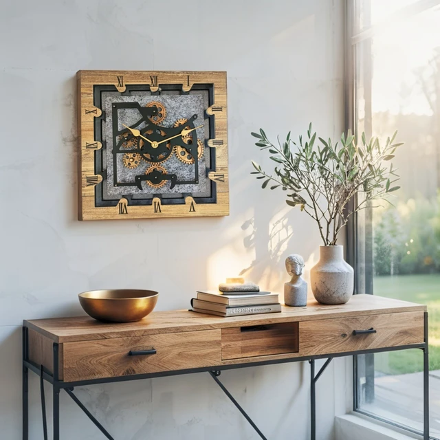 Alt view image 4 of 6 - CANADA LINE DESK CLOCK SQUARE (HYBRID WALL) 10 INCH WOOD & STONE