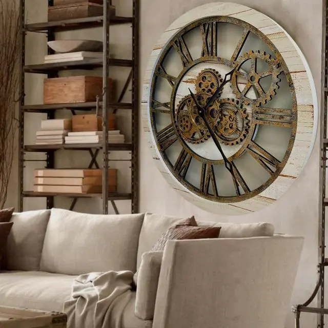 Alt view image 4 of 7 - The Gears Clock 24'' Inch Real Moving Gear Wall Clock Vintage Industrial Oversized Rustic Farmhouse (Vintage Desert Beige and Bronze)