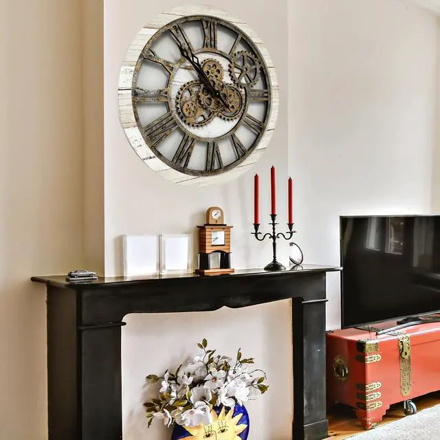 Alt view image 3 of 7 - The Gears Clock 24'' Inch Real Moving Gear Wall Clock Vintage Industrial Oversized Rustic Farmhouse (Vintage Desert Beige and Bronze)