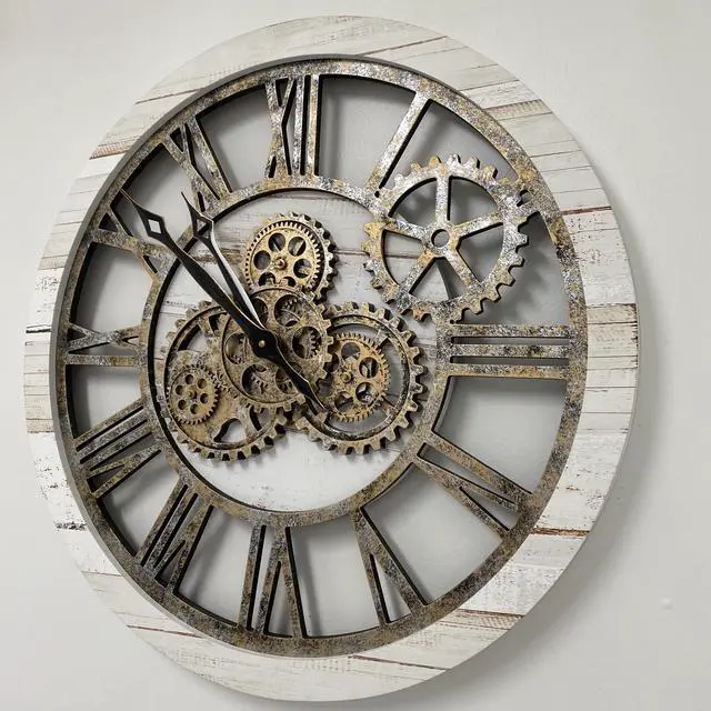 Alt view image 6 of 7 - The Gears Clock 24'' Inch Real Moving Gear Wall Clock Vintage Industrial Oversized Rustic Farmhouse (Vintage Desert Beige and Bronze)