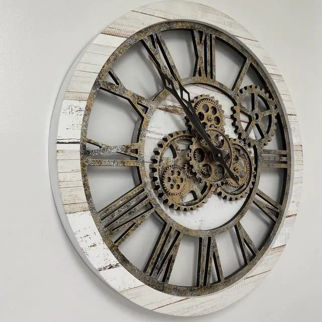 Alt view image 2 of 7 - The Gears Clock 24'' Inch Real Moving Gear Wall Clock Vintage Industrial Oversized Rustic Farmhouse (Vintage Desert Beige and Bronze)