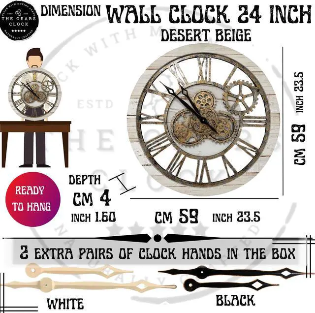 Alt view image 7 of 7 - The Gears Clock 24'' Inch Real Moving Gear Wall Clock Vintage Industrial Oversized Rustic Farmhouse (Vintage Desert Beige and Bronze)